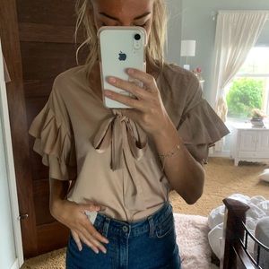 Silk ruffle tan top